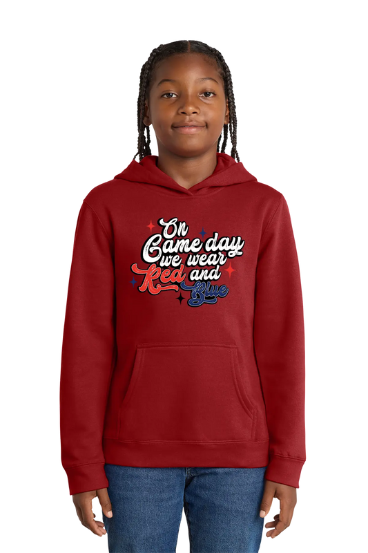 Red hoodie with text worn by a person on a white background. Paper Street Print Co, Blairstown, NJ.