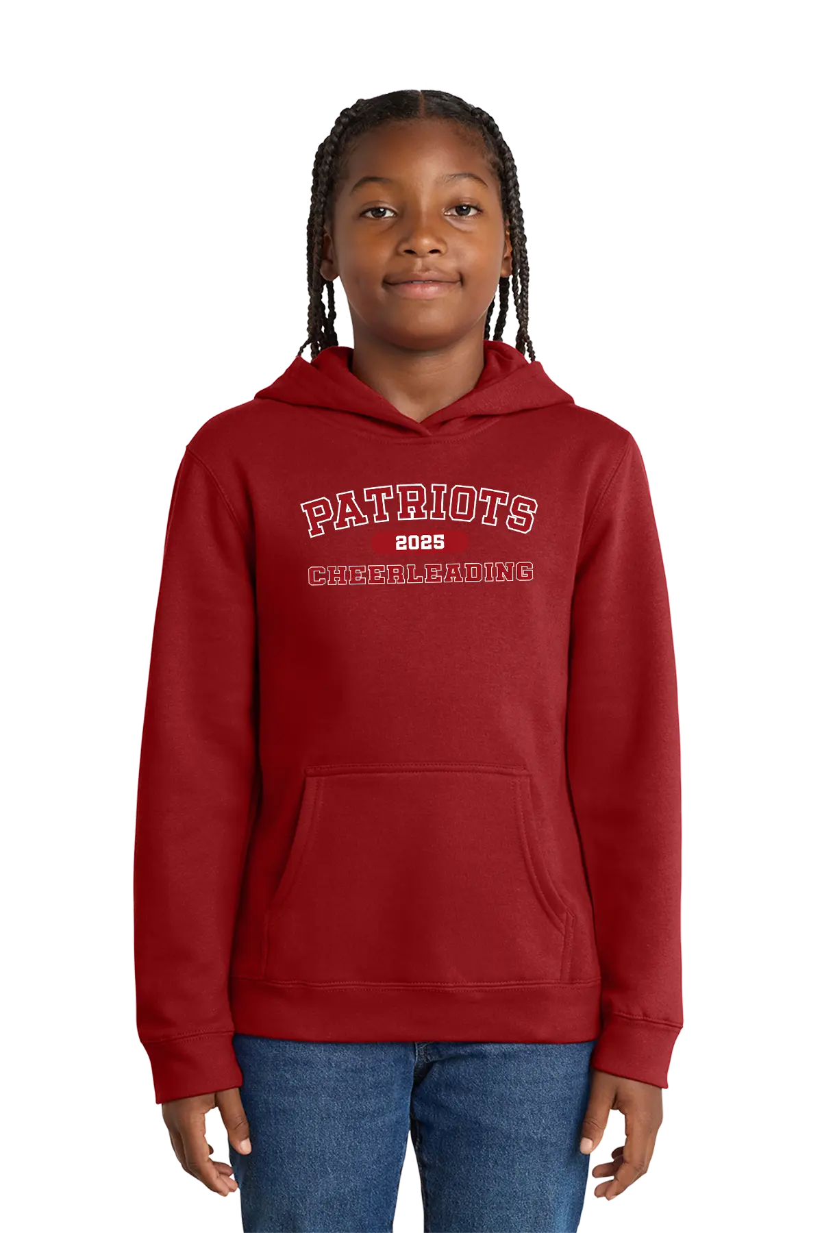 Person wearing a red hoodie with 'Patriots 2023 Cheerleading' text on a white background. Paper Street Print Co, Blairstown, NJ.