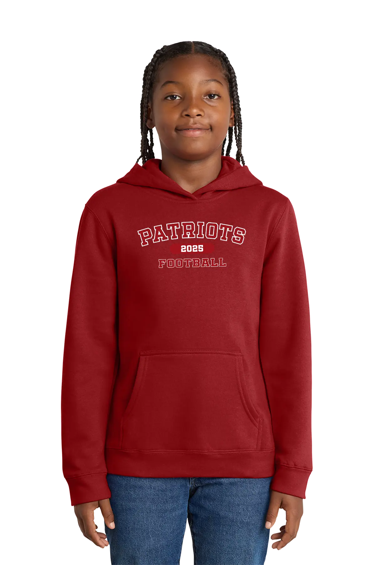 Person wearing a red hoodie with 'Patriots Football' text on a white background. Paper Street Print Co, Blairstown, NJ.