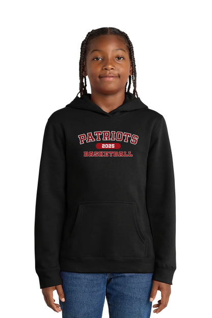 Person wearing a black hoodie with 'Patriots Basketball' text on a white background. Paper Street Print Co, Blairstown, NJ.