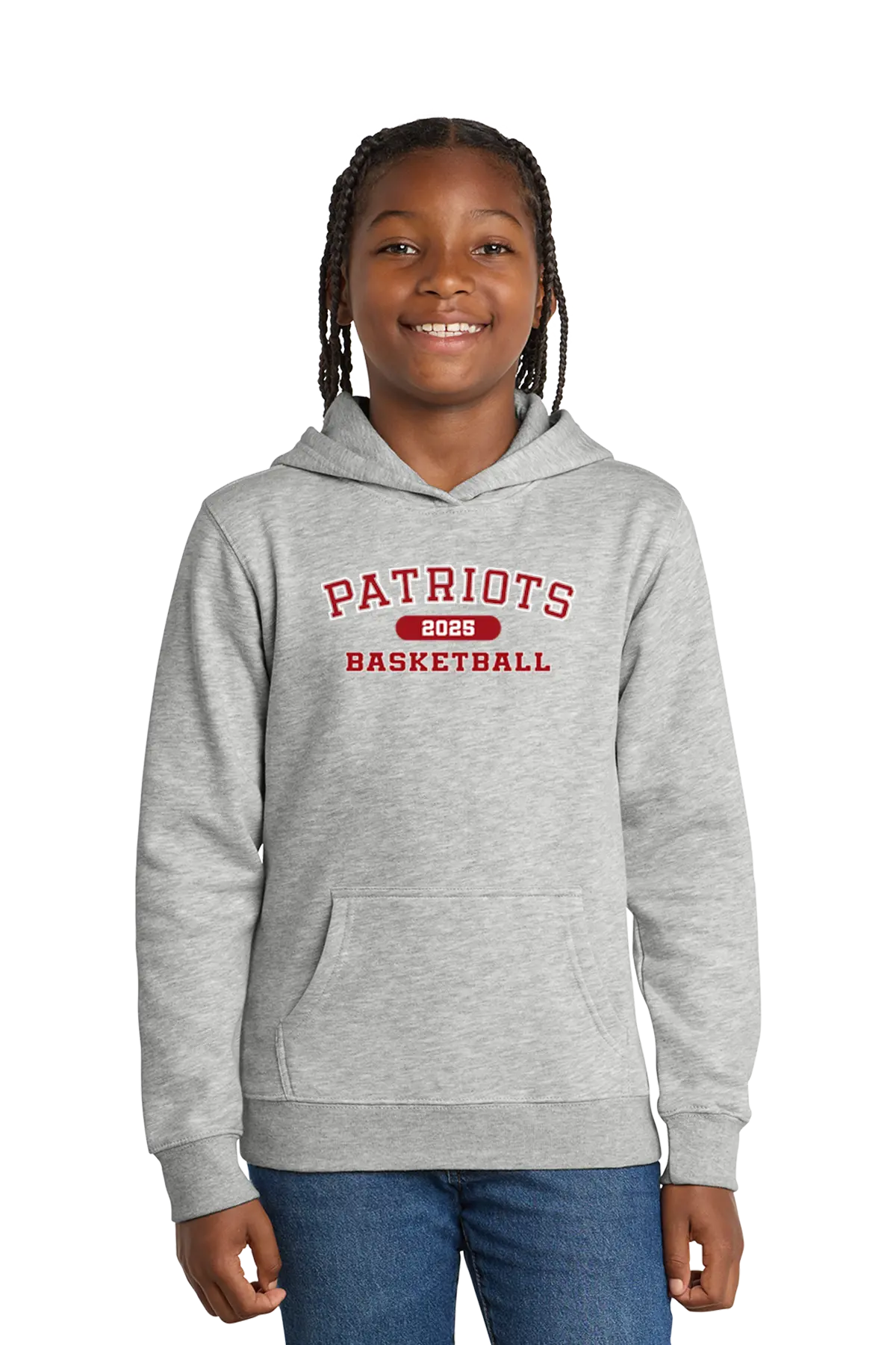 Girl wearing a gray hoodie with 'Patriots Basketball' text on a white background. Paper Street Print Co, Blairstown, NJ.