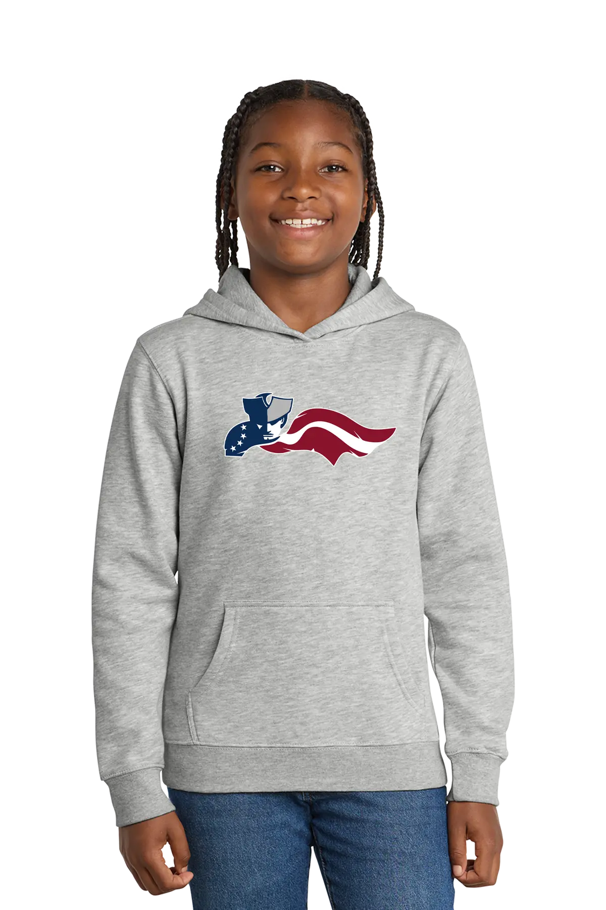 Child wearing a gray hoodie with a colorful graphic on a white background. Paper Street Print Co, Blairstown, NJ.