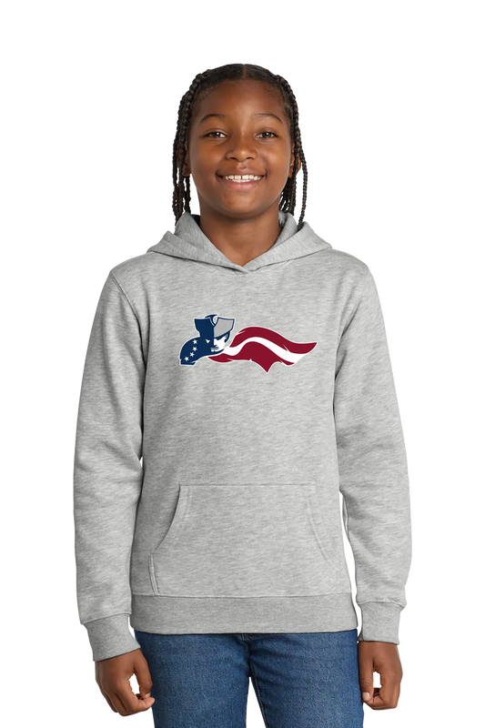 Child wearing a gray hoodie with a colorful graphic on a white background. Paper Street Print Co, Blairstown, NJ.