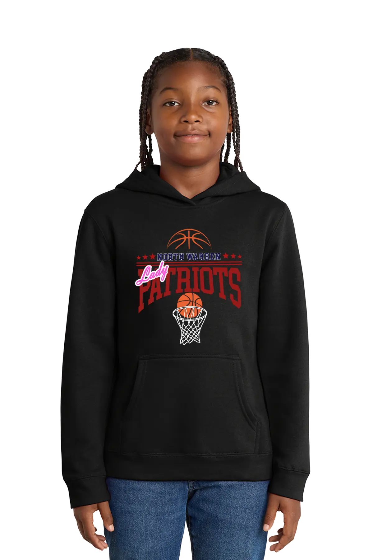 Person wearing a black hoodie with 'Patriots' basketball design on a white background. Paper Street Print Co, Blairstown, NJ.