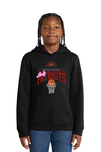 Person wearing a black hoodie with 'Patriots' basketball design on a white background. Paper Street Print Co, Blairstown, NJ.