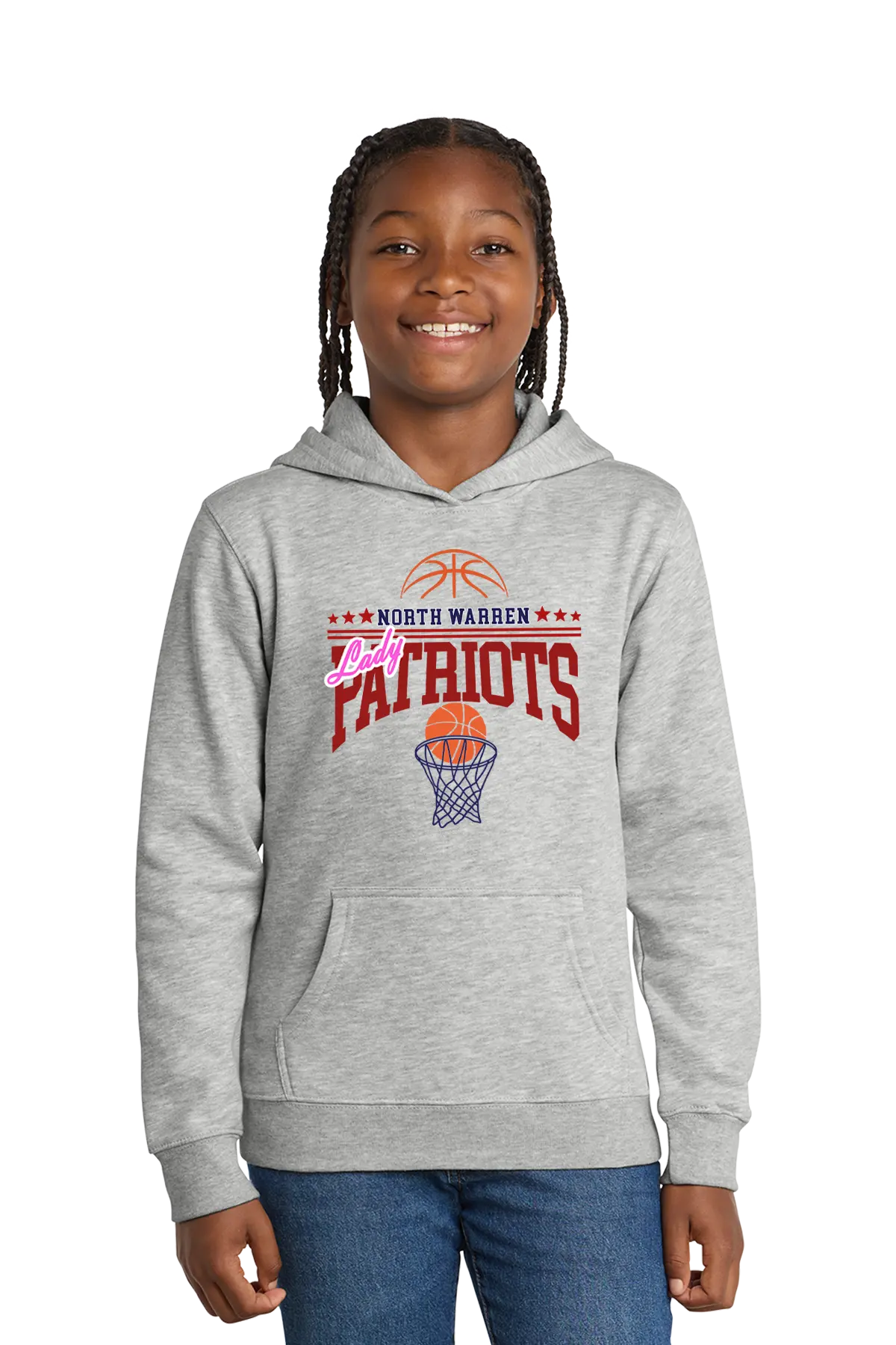 Child wearing a gray hoodie with 'North Warren Patriots' design on a white background. Paper Street Print Co, Blairstown, NJ.