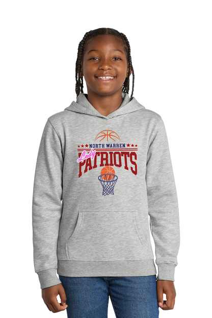 Child wearing a gray hoodie with 'North Warren Patriots' design on a white background. Paper Street Print Co, Blairstown, NJ.
