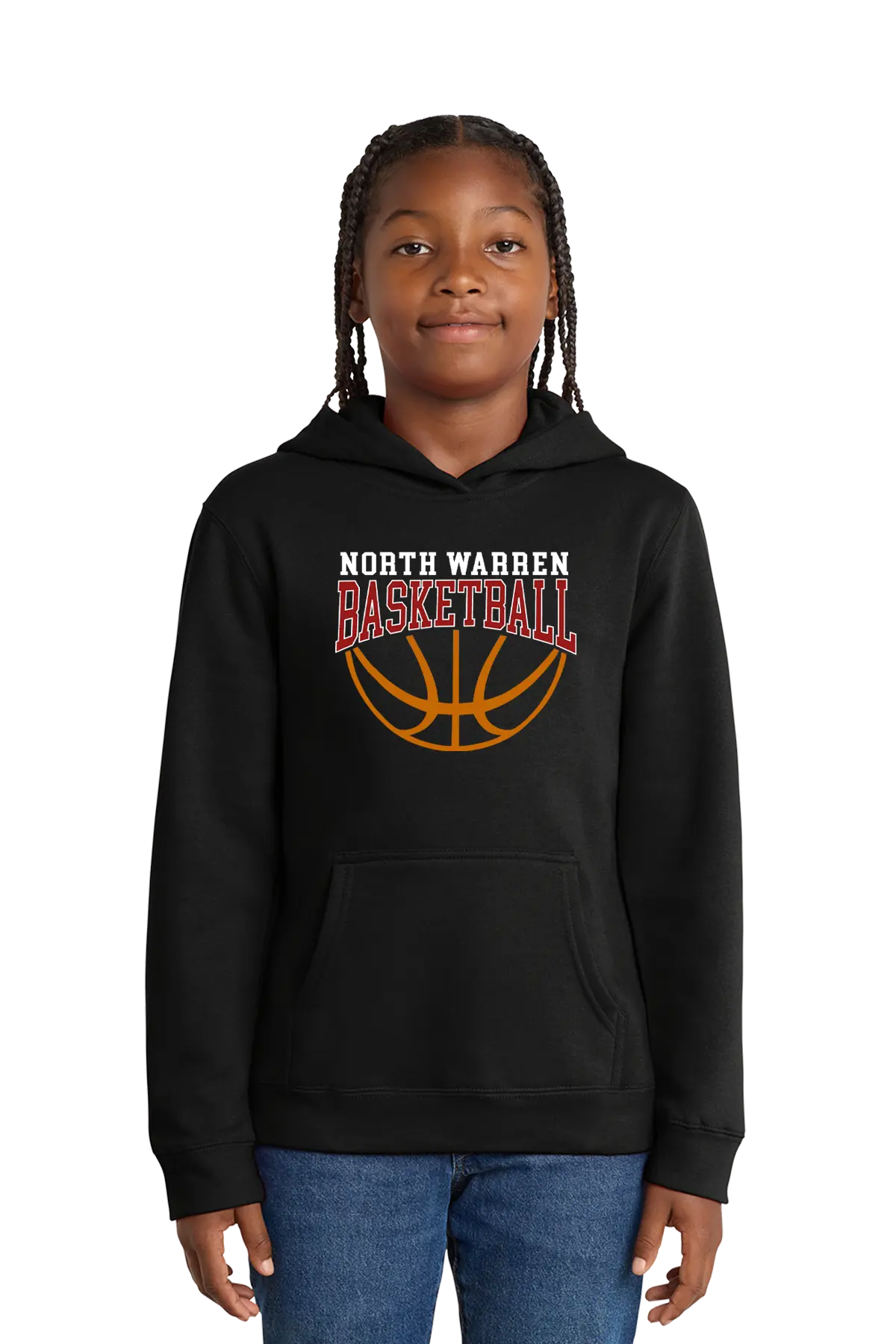 Person wearing a black hoodie with 'North Warren Basketball' design on a white background. Paper Street Print Co, Blairstown, NJ.