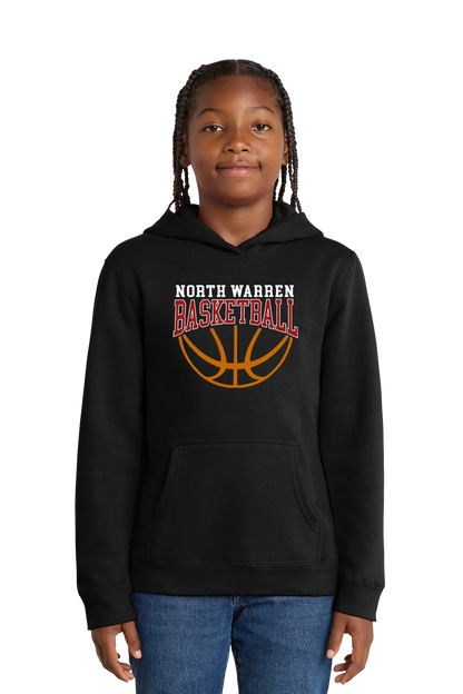 Person wearing a black hoodie with 'North Warren Basketball' design on a white background. Paper Street Print Co, Blairstown, NJ.