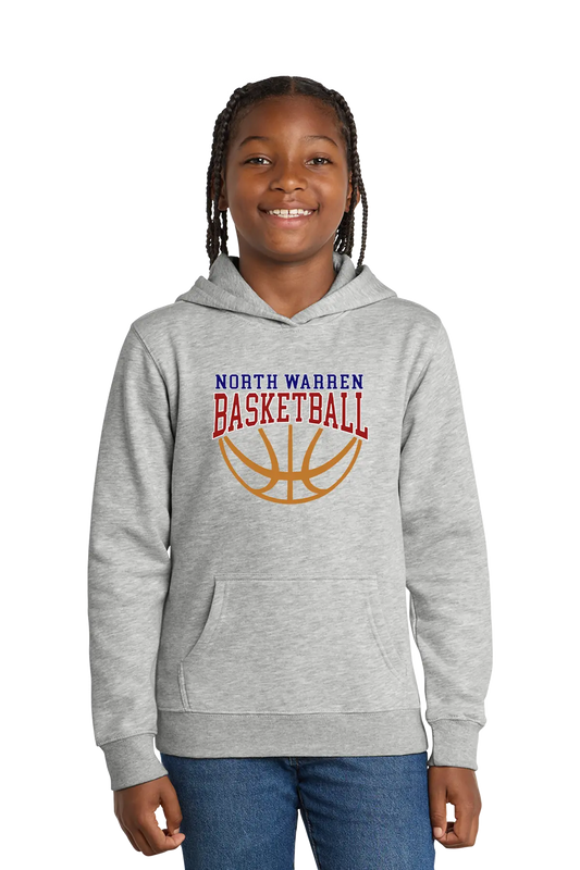 Girl wearing a gray hoodie with 'North Warren Basketball' text and basketball graphic on a white background. Paper Street Print Co, Blairstown, NJ.