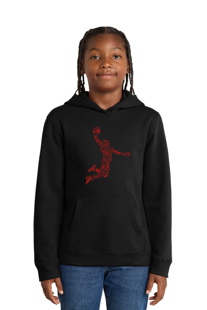 Person wearing a black hoodie with a red graphic design on a white background. Paper Street Print Co, Blairstown, NJ.