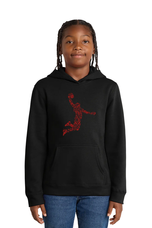 Person wearing a black hoodie with a red graphic design on a white background. Paper Street Print Co, Blairstown, NJ.