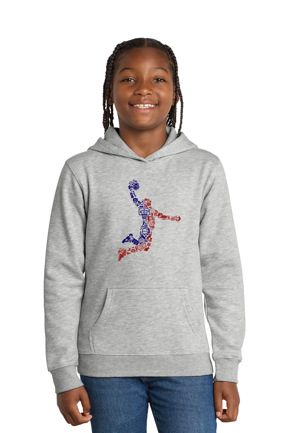 Child wearing a gray hoodie with a colorful graphic design on a white background. Paper Street Print Co, Blairstown, NJ.