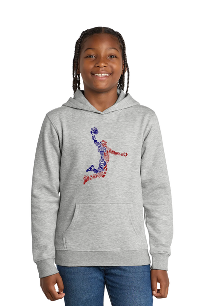 Child wearing a gray hoodie with a colorful graphic design on a white background. Paper Street Print Co, Blairstown, NJ.
