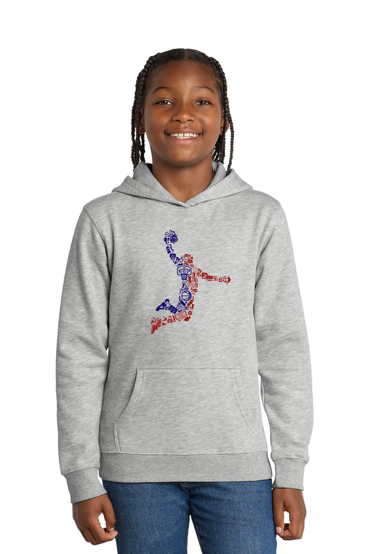 Child wearing a gray hoodie with a colorful graphic design on a white background. Paper Street Print Co, Blairstown, NJ.