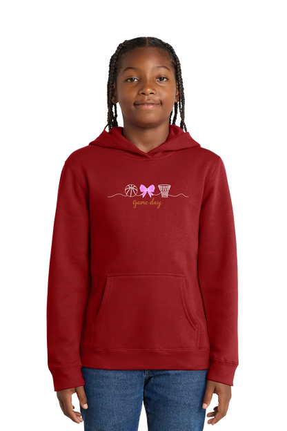 Child wearing a red hoodie with a design and text on a white background. Paper Street Print Co, Blairstown, NJ.