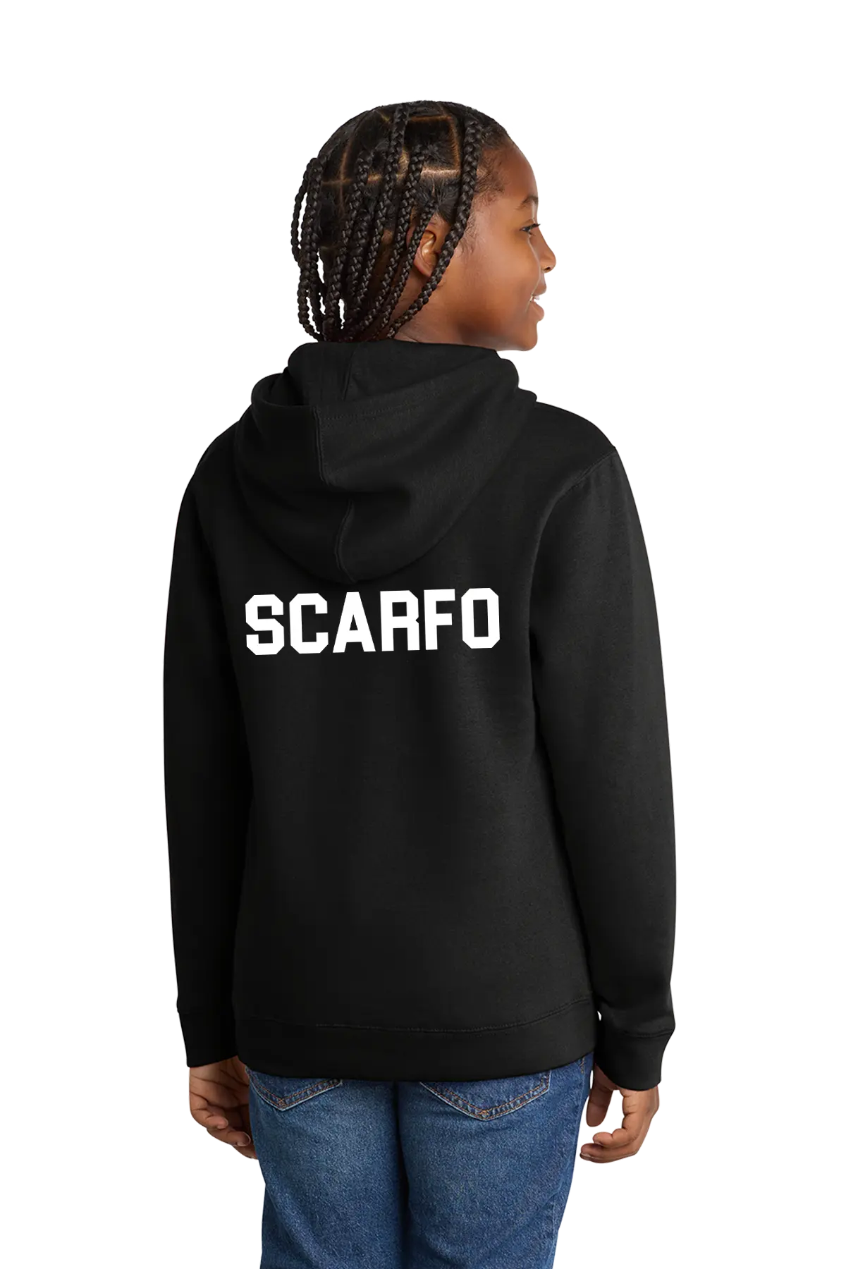 Person wearing a black hoodie with 'SCARFO' printed on the back, standing against a white background. Paper Street Print Co, Blairstown, NJ.