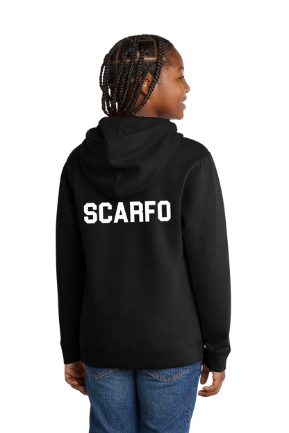 Person wearing a black hoodie with 'SCARFO' printed on the back, standing against a white background. Paper Street Print Co, Blairstown, NJ.