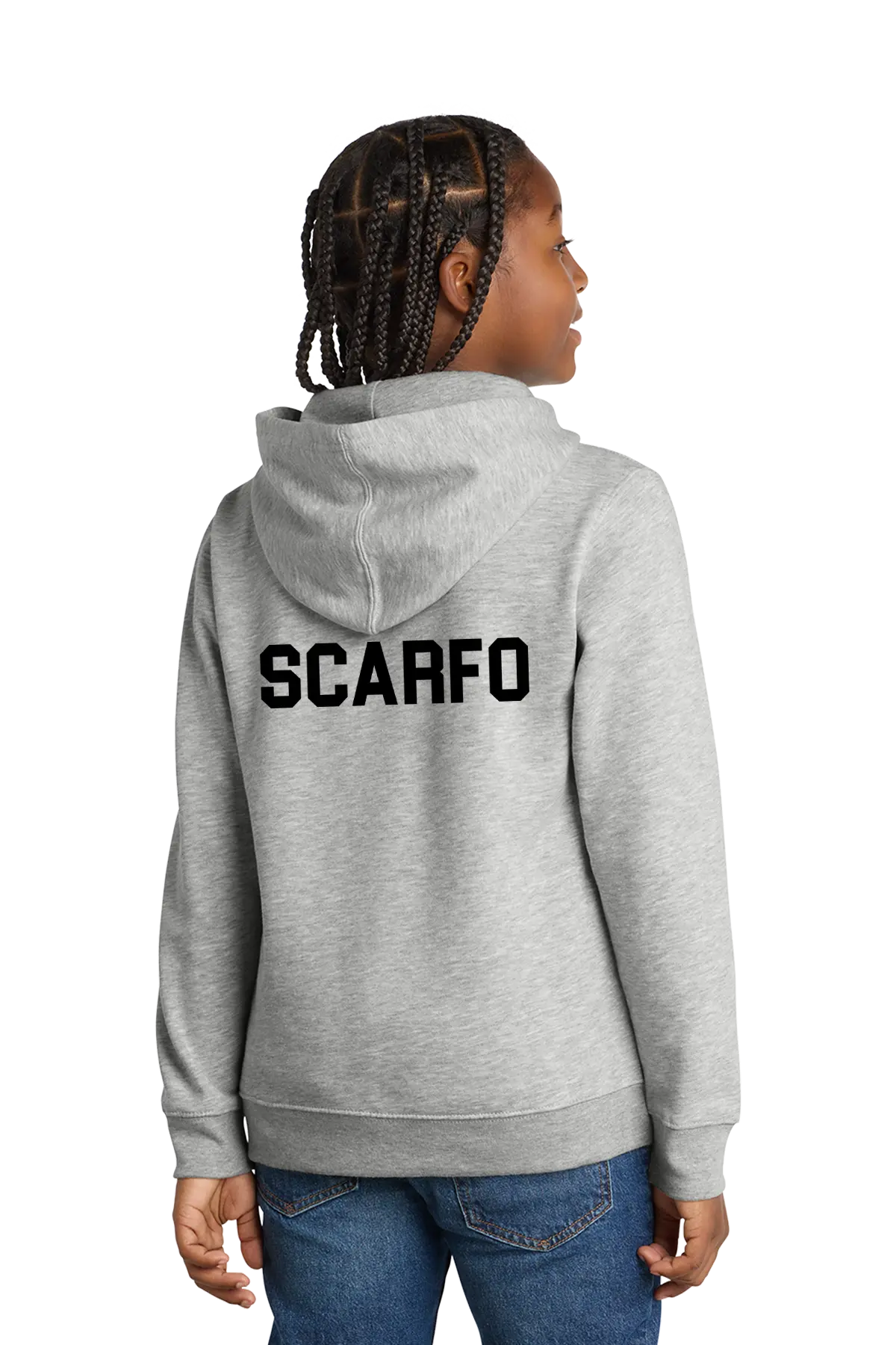Person wearing a gray hoodie with 'SCARFO' printed on the back, standing against a white background. Paper Street Print Co, Blairstown, NJ.