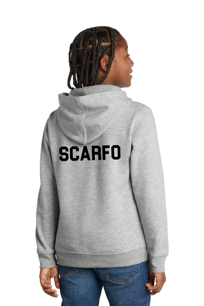 Person wearing a gray hoodie with 'SCARFO' printed on the back, standing against a white background. Paper Street Print Co, Blairstown, NJ.