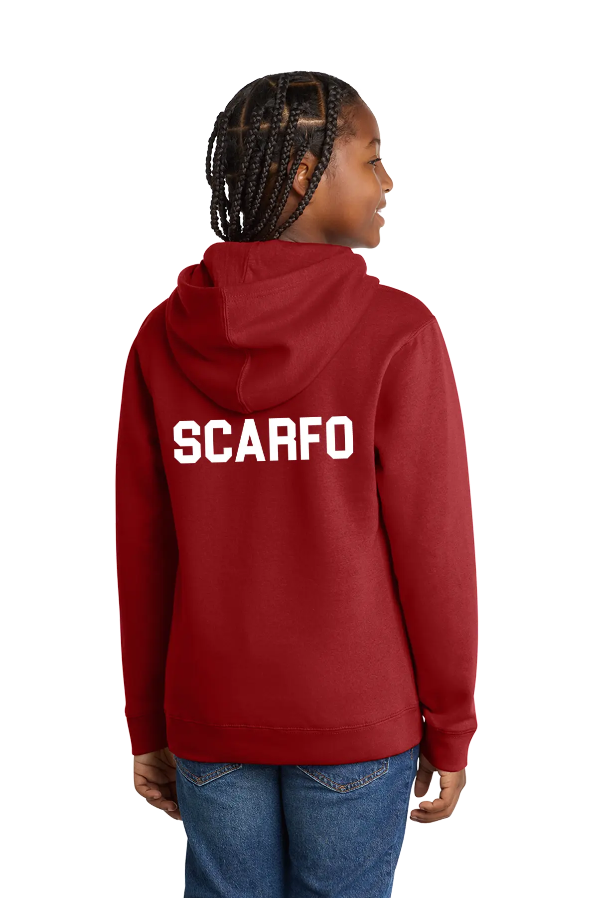 Person wearing a red hoodie with 'SCARFO' printed on the back, on a white background. Paper Street Print Co, Blairstown, NJ.