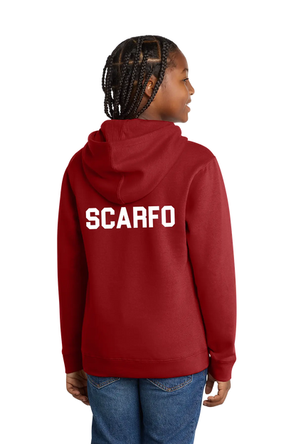 Person wearing a red hoodie with 'SCARFO' printed on the back, on a white background. Paper Street Print Co, Blairstown, NJ.