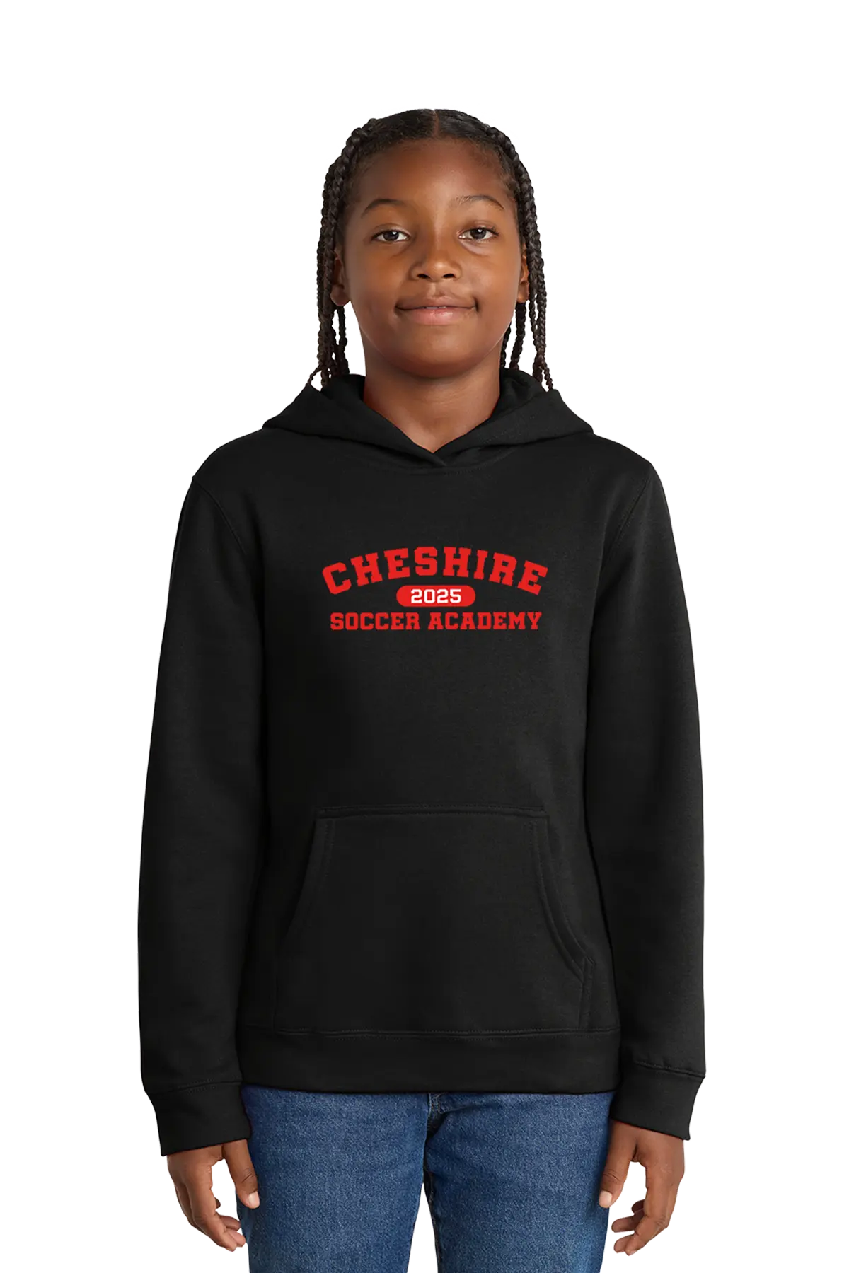 Person wearing a black hoodie with 'Cheshire Soccer Academy' text on a white background. Paper Street Print Co, Blairstown, NJ.