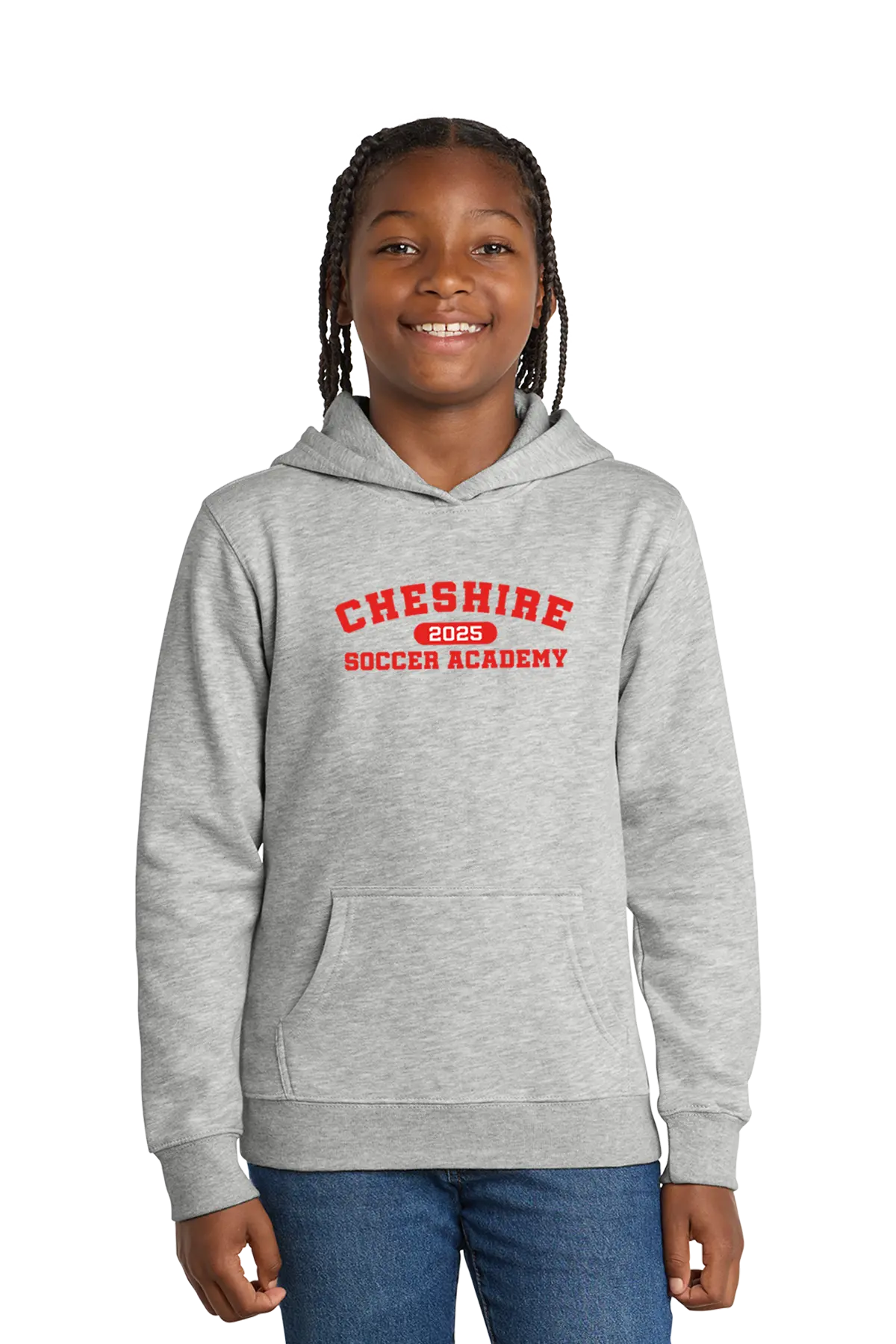 Girl wearing a gray hoodie with 'Cheshire Soccer Academy' text on a white background. Paper Street Print Co, Blairstown, NJ.