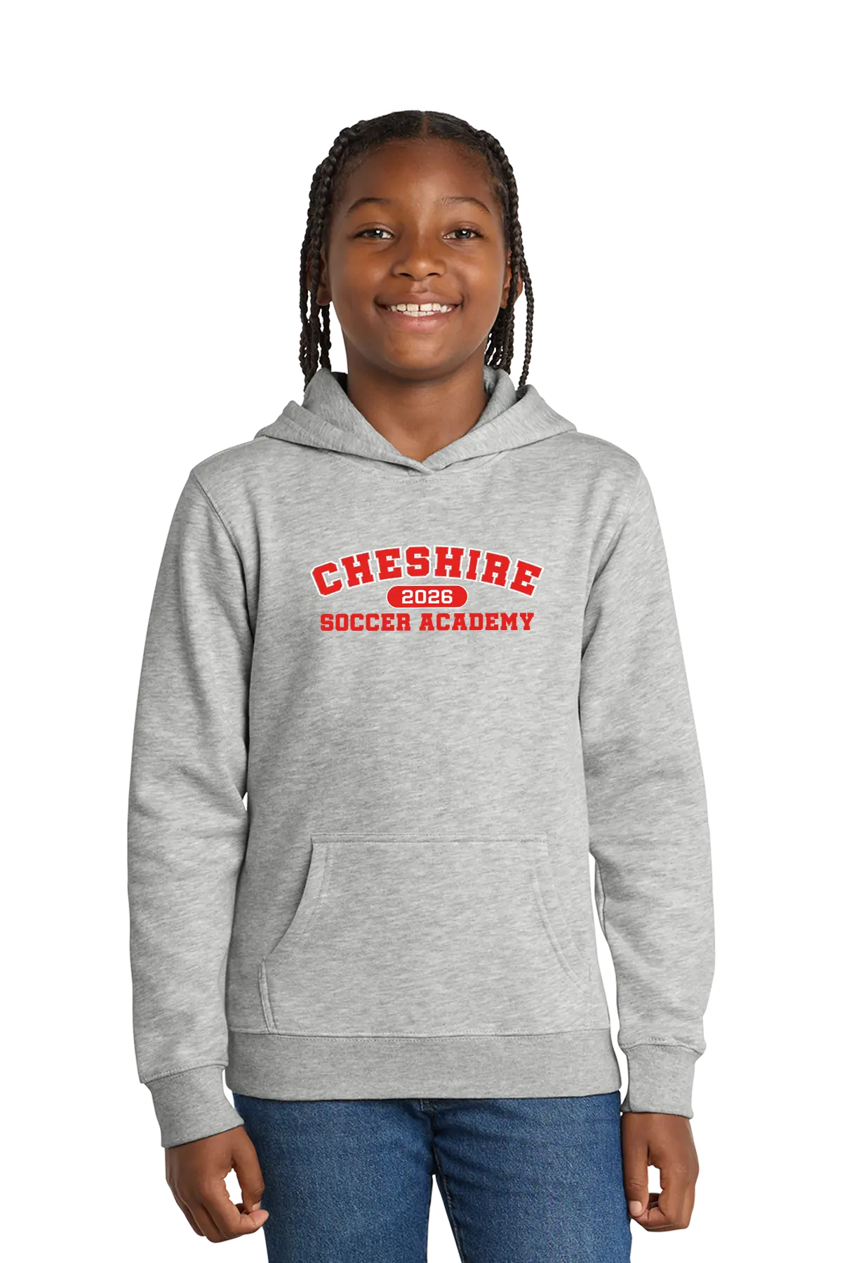 Girl wearing a gray hoodie with 'Cheshire Soccer Academy' text on a white background. Paper Street Print Co, Blairstown, NJ.