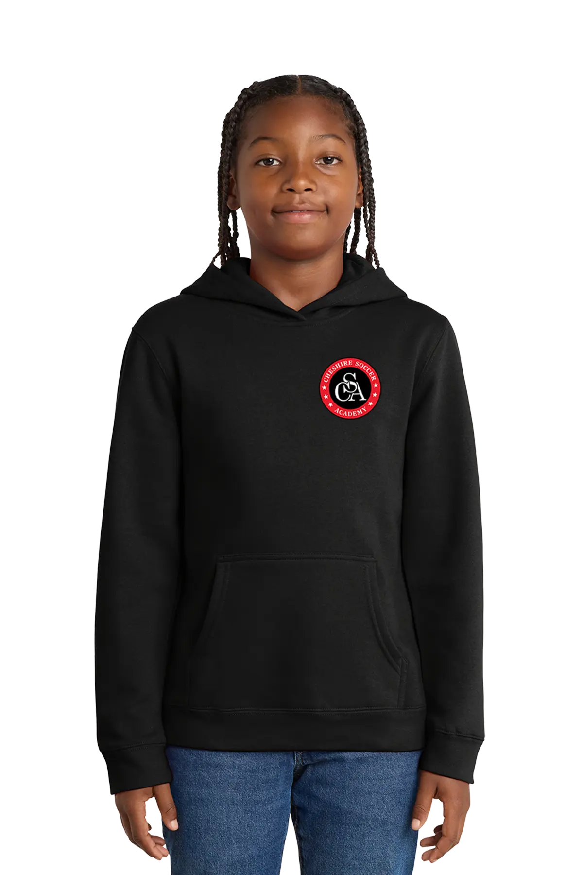 Person wearing a black hoodie with a red and white logo on a white background. Paper Street Print Co, Blairstown, NJ.