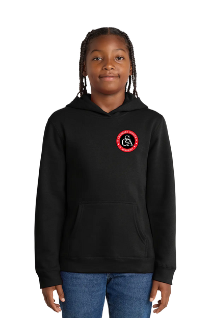 Person wearing a black hoodie with a red and white logo on a white background. Paper Street Print Co, Blairstown, NJ.