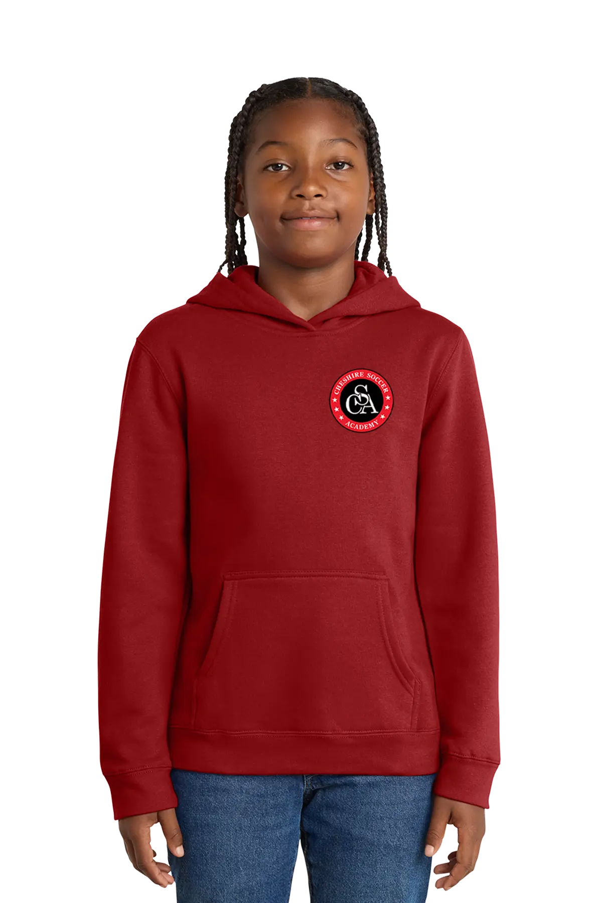 Child wearing a red hoodie with a logo on a white background. Paper Street Print Co, Blairstown, NJ.
