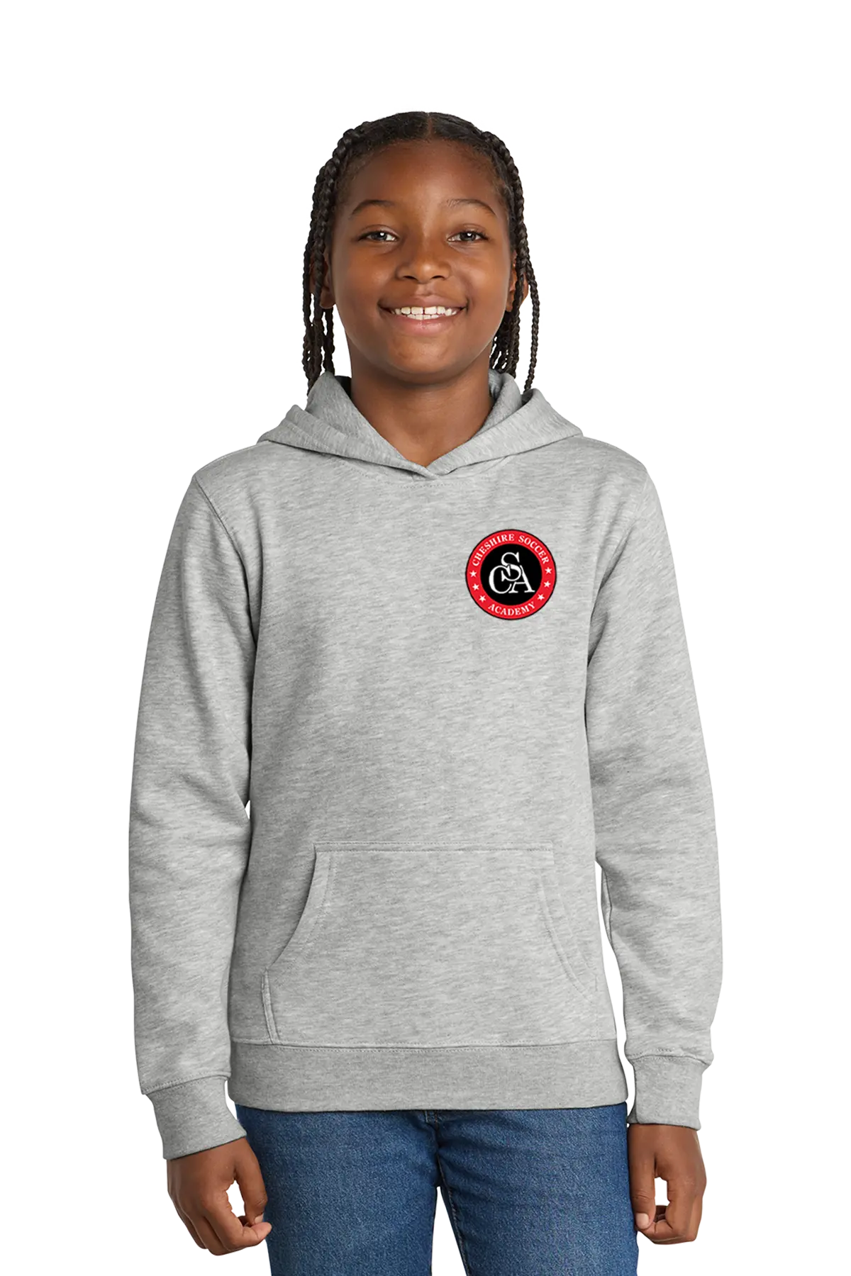 Child wearing a gray hoodie with a red and black logo on a white background. Paper Street Print Co, Blairstown, NJ.
