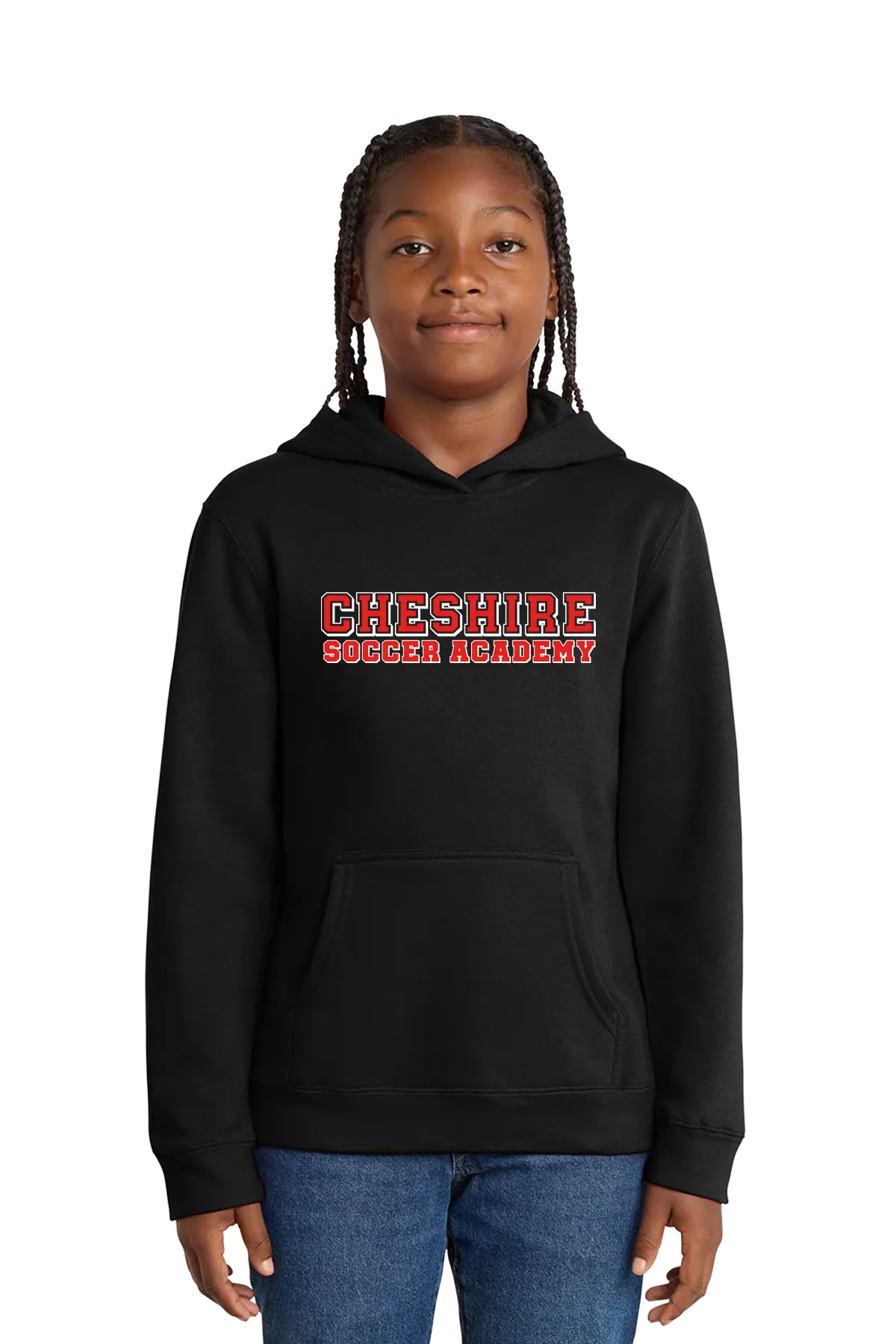 Person wearing a black hoodie with 'Cheshire Soccer Academy' text on a white background. Paper Street Print Co, Blairstown, NJ.