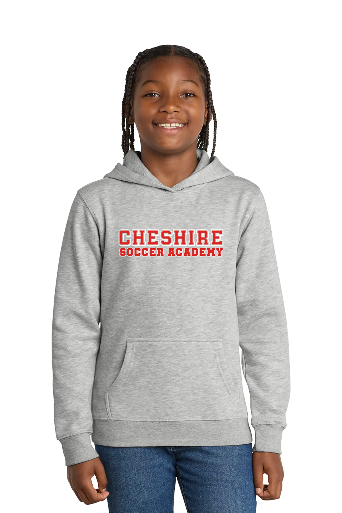 Girl wearing a gray hoodie with 'Cheshire Soccer Academy' text on a white background. Paper Street Print Co, Blairstown, NJ.