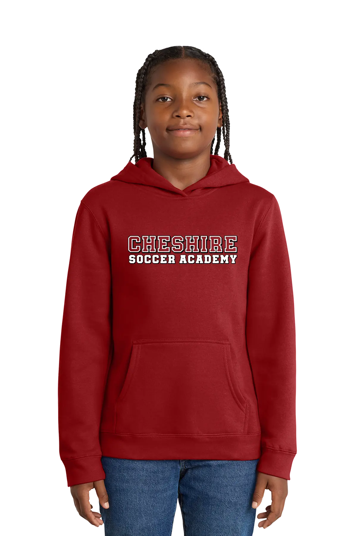 Child wearing a red hoodie with 'Cheshire Soccer Academy' text on a white background. Paper Street Print Co, Blairstown, NJ.