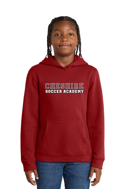 Child wearing a red hoodie with 'Cheshire Soccer Academy' text on a white background. Paper Street Print Co, Blairstown, NJ.
