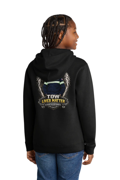 Person wearing a black hoodie with a graphic design on the back, standing against a white background. #JUSTICEFORDJ - Paper Street Print Co, Blairstown, NJ.