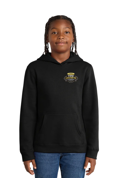 Person wearing a black hoodie with a logo on a white background. #JUSTICEFORDJ - Paper Street Print Co, Blairstown, NJ.