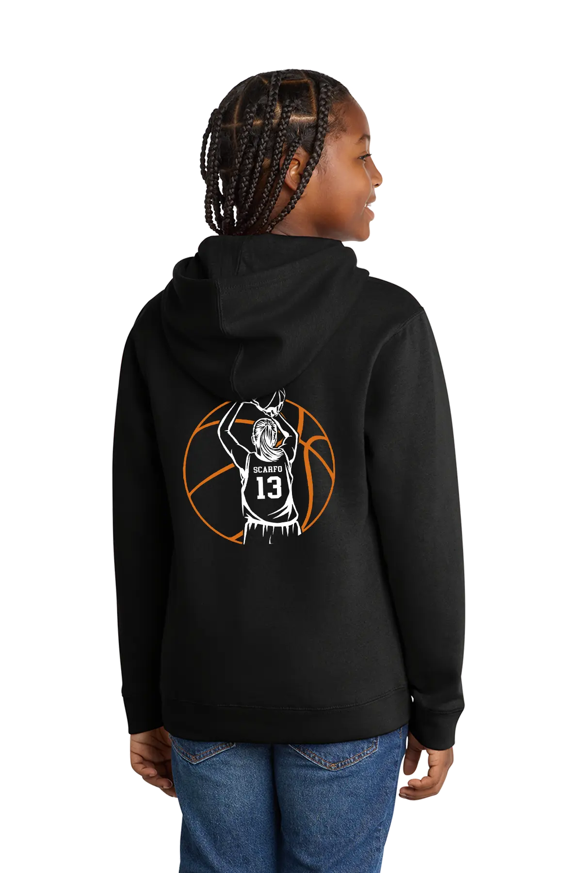 Person wearing a black hoodie with a basketball design on the back, standing against a white background. Paper Street Print Co, Blairstown, NJ.