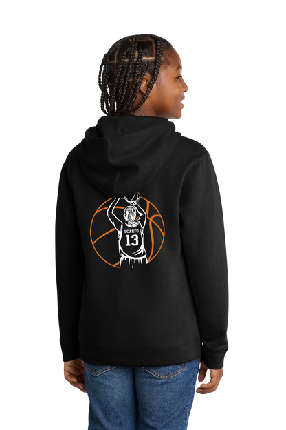 Person wearing a black hoodie with a basketball design on the back, standing against a white background. Paper Street Print Co, Blairstown, NJ.