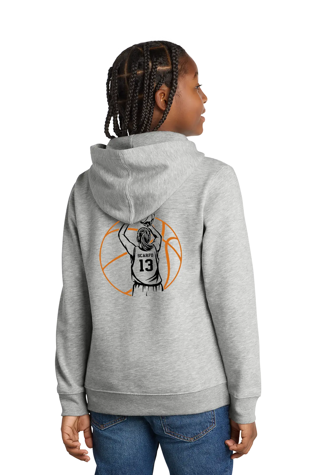 Person wearing a gray hoodie with a basketball design on the back, standing against a white background. Paper Street Print Co, Blairstown, NJ.