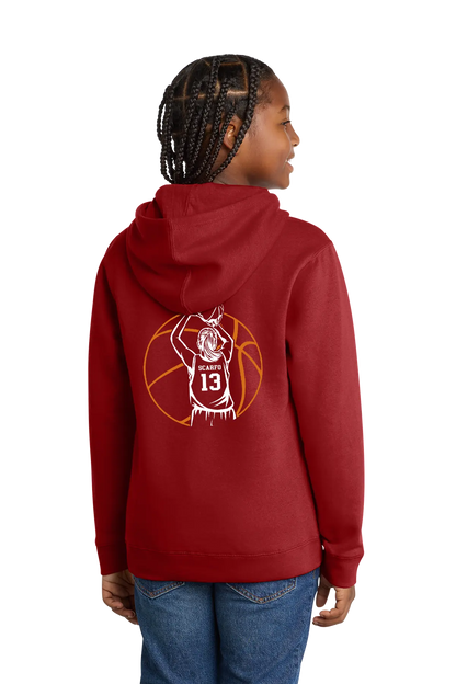 Person wearing a red hoodie with a basketball design on the back, standing against a white background. Paper Street Print Co, Blairstown, NJ.