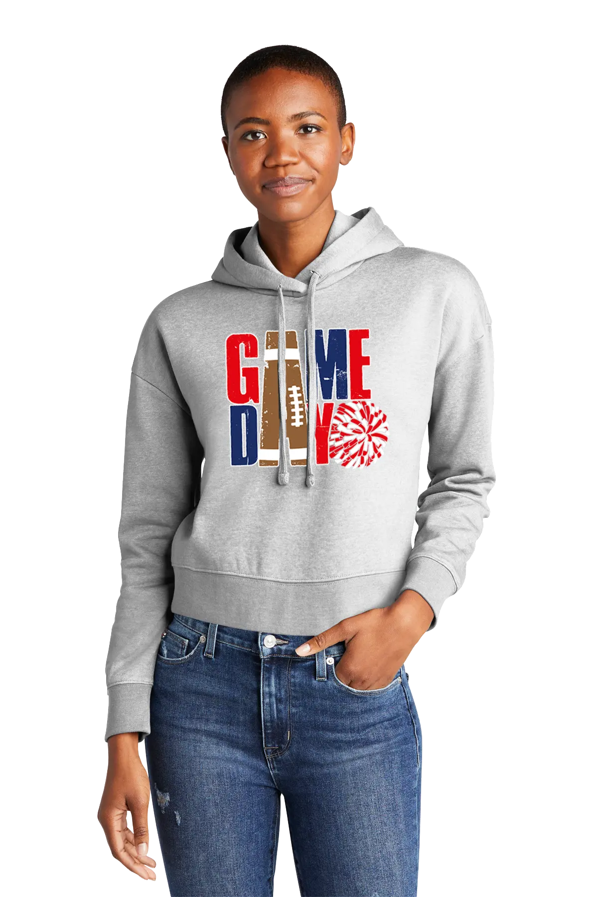 Person wearing a gray hoodie with 'Game Day' design on a white background. Paper Street Print Co, Blairstown, NJ.