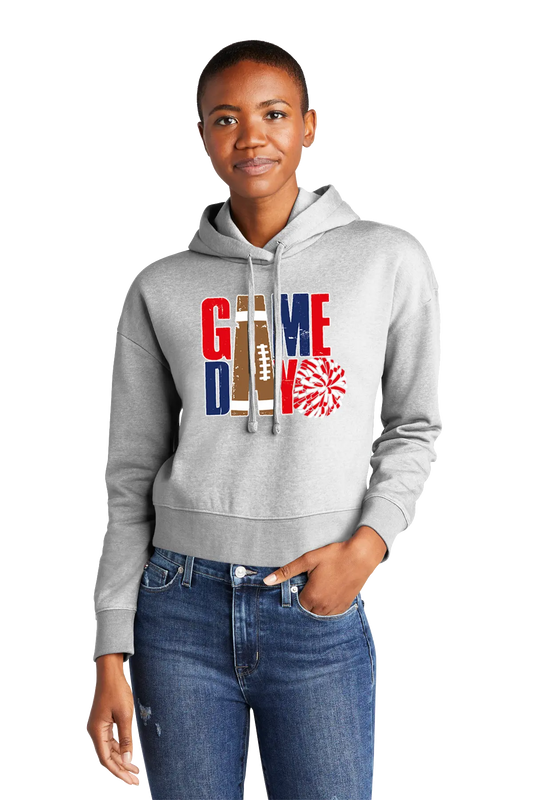 Person wearing a gray hoodie with 'Game Day' design on a white background. Paper Street Print Co, Blairstown, NJ.