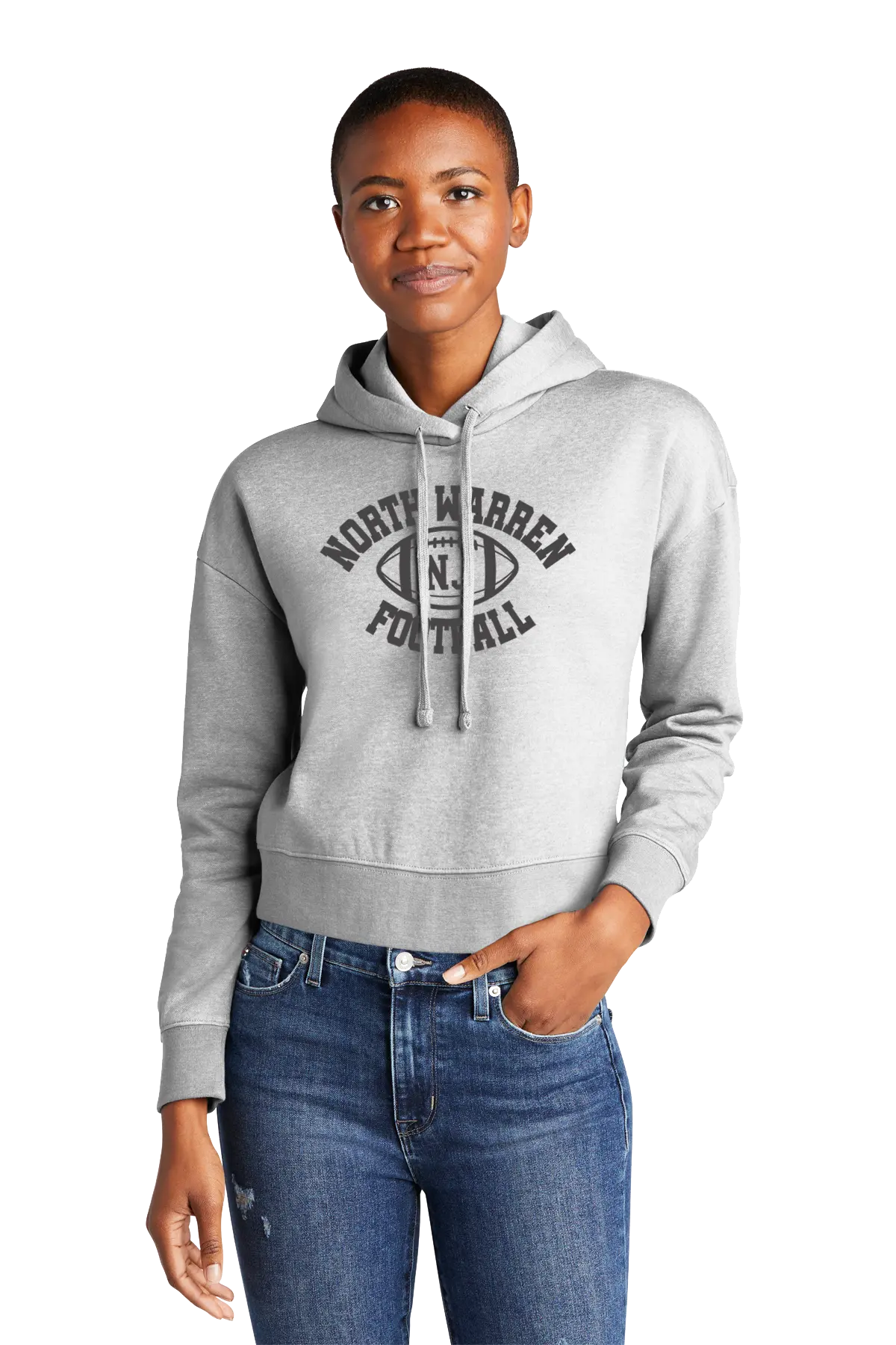 Person wearing a gray hoodie with 'North Warren Football' text on a white background. Paper Street Print Co, Blairstown, NJ.