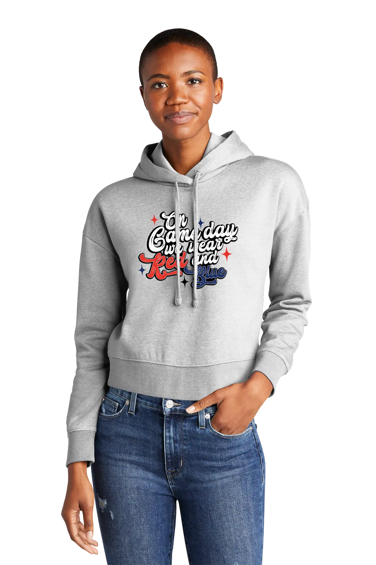 Person wearing a gray hoodie with colorful text design on a white background. Paper Street Print Co, Blairstown, NJ.