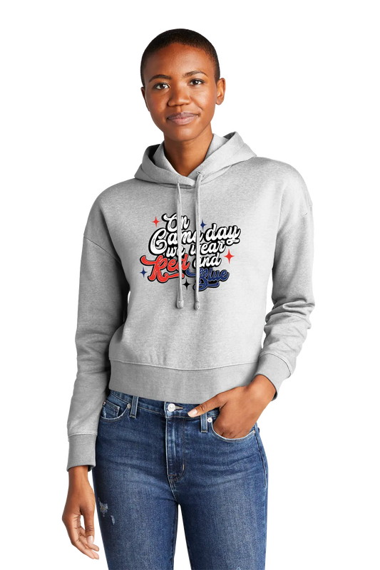 Person wearing a gray hoodie with colorful text design on a white background. Paper Street Print Co, Blairstown, NJ.