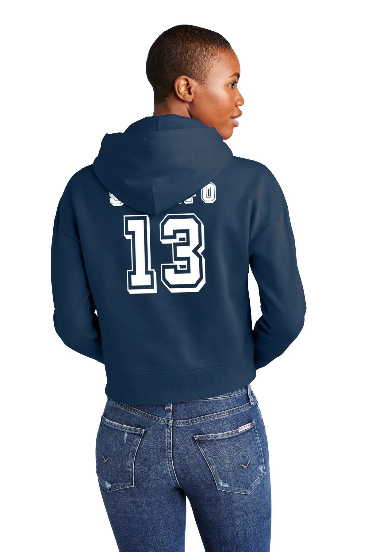 Person wearing a navy blue hoodie with white text on the back, standing against a white background. Paper Street Print Co, Blairstown, NJ.