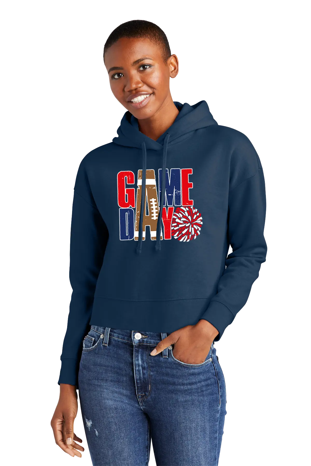 Person wearing a navy hoodie with 'GAMEDAY' graphic on a white background. Paper Street Print Co, Blairstown, NJ.